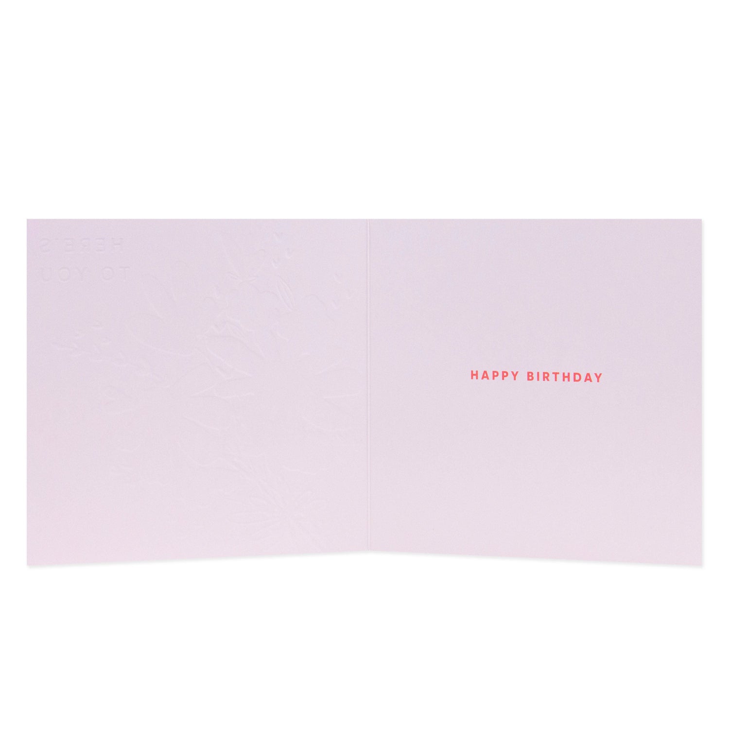 Hallmark Floral Birthday Card inside view with embossed design and bright red 'Happy Birthday' text on pale pink background.