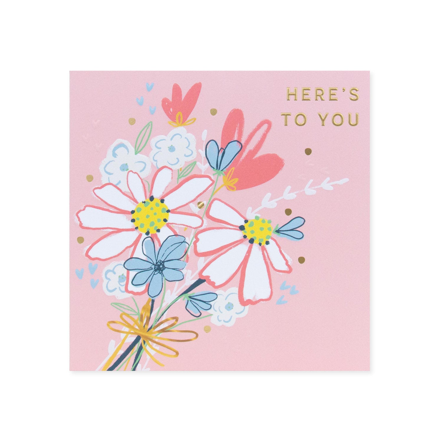 Hallmark Floral Birthday Card with floral illustrations, pink background, and gold foil detailing; close-up view.