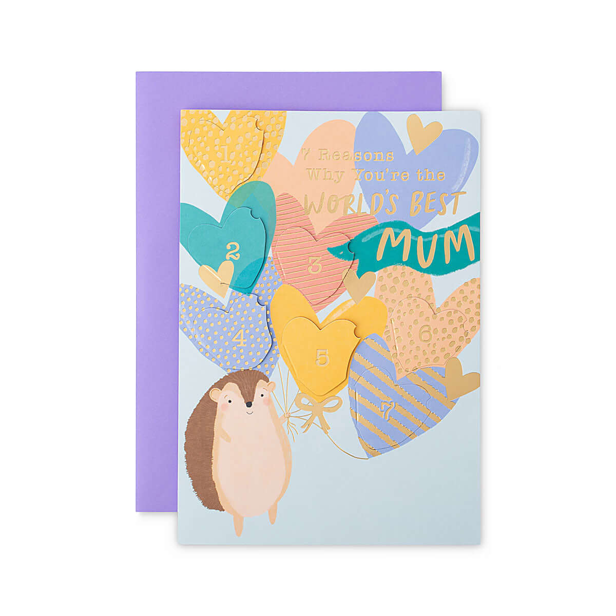 Hallmark Mother's Day Card - 7 Reasons why you're the World's Best Mum featuring a hedgehog with heart balloons, flat lay with purple envelope.