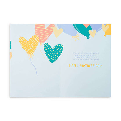 Hallmark Mother's Day Card - 7 Reasons why you're the World's Best Mum, open inside view showing colourful heart balloons and Mother’s Day message.