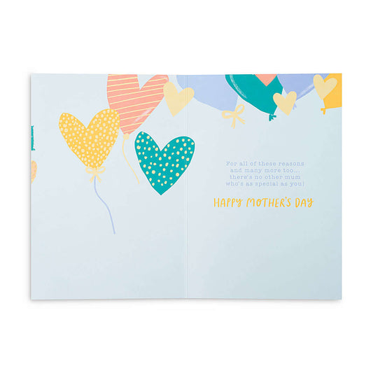 Hallmark Mother's Day Card - 7 Reasons why you're the World's Best Mum, open inside view showing colourful heart balloons and Mother’s Day message.
