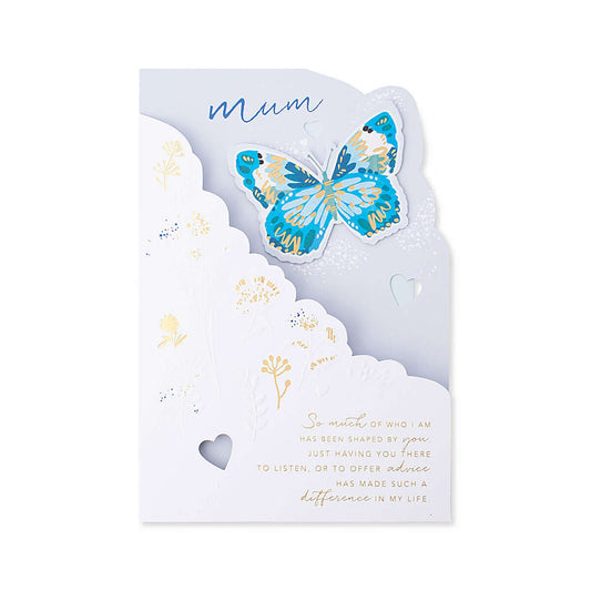 Hallmark Mother's Day Card - Elegant Floral and Butterfly Cut-Out featuring a blue butterfly cut-out and embossed flower design, flat lay view.
