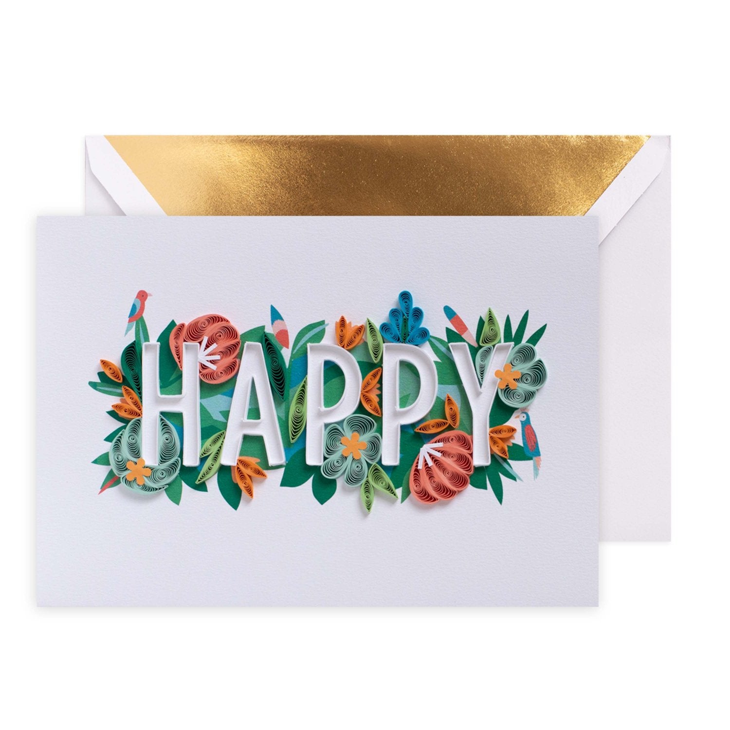 Hallmark Signature Birthday Card - Happy featuring colourful quilling designs and tropical foliage on a white background.