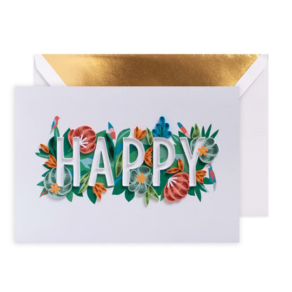 Hallmark Signature Birthday Card - Happy featuring colourful quilling designs and tropical foliage on a white background.