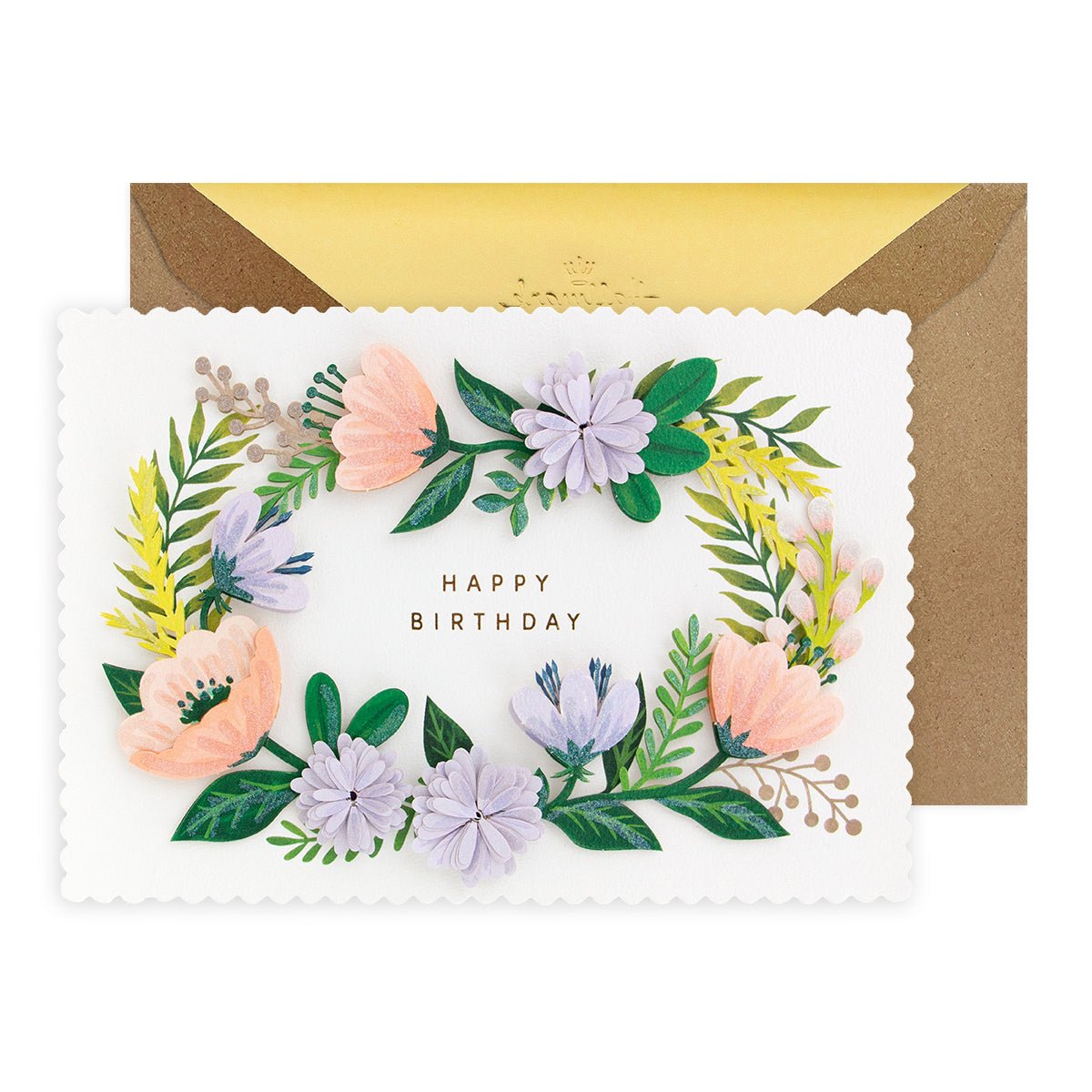 Hallmark Signature Birthday Card - Floral Wreath with 3D floral details and gold foiling, front view with envelope.