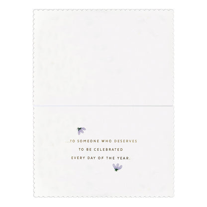 Hallmark Signature Birthday Card - Floral Wreath inside view with gold foil text and flower illustrations in a clean layout.
