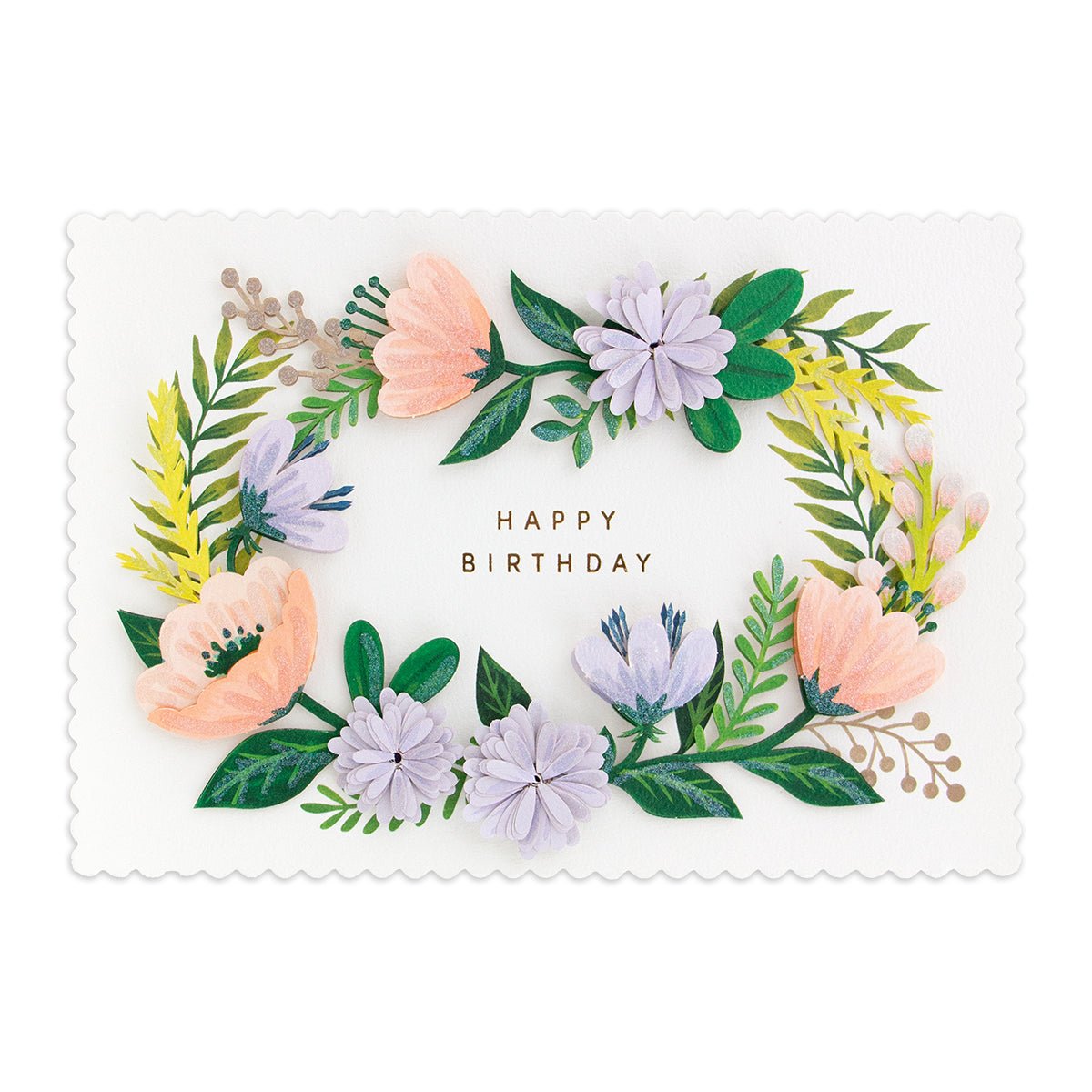 Hallmark Signature Birthday Card - Floral Wreath featuring pastel flowers, gold foil text and detailed floral wreath design.