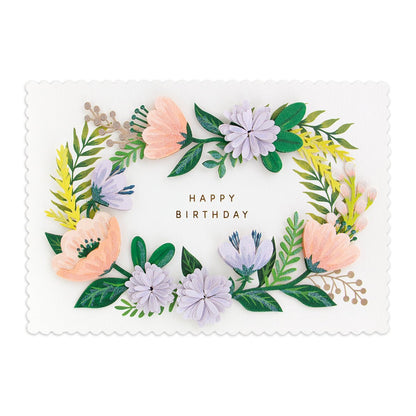 Hallmark Signature Birthday Card - Floral Wreath featuring pastel flowers, gold foil text and detailed floral wreath design.