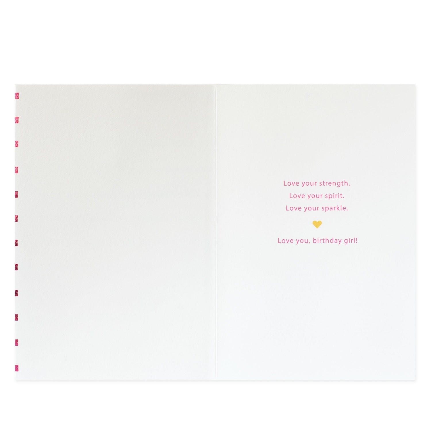 Hallmark Signature Birthday Card - Strength, Spirit, Sparkle, inside view, featuring heartfelt message and gold heart illustration.