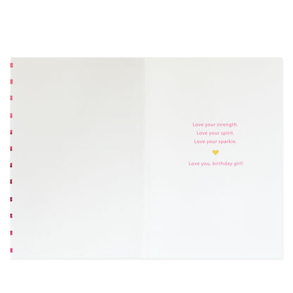 Hallmark Signature Birthday Card - Strength, Spirit, Sparkle, inside view, featuring heartfelt message and gold heart illustration.