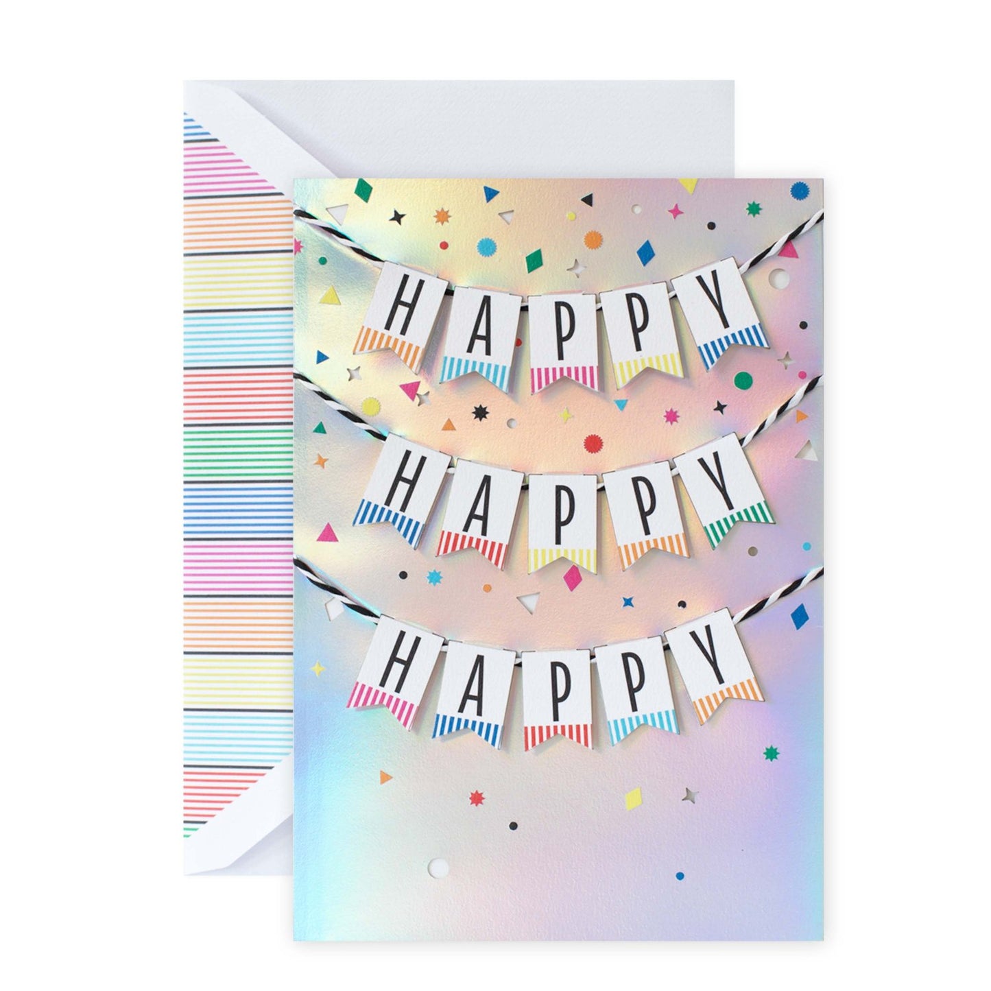 Hallmark Signature Birthday Card - Happy Happy Happy featuring a silver holographic design with 3D bunting and colourful confetti.