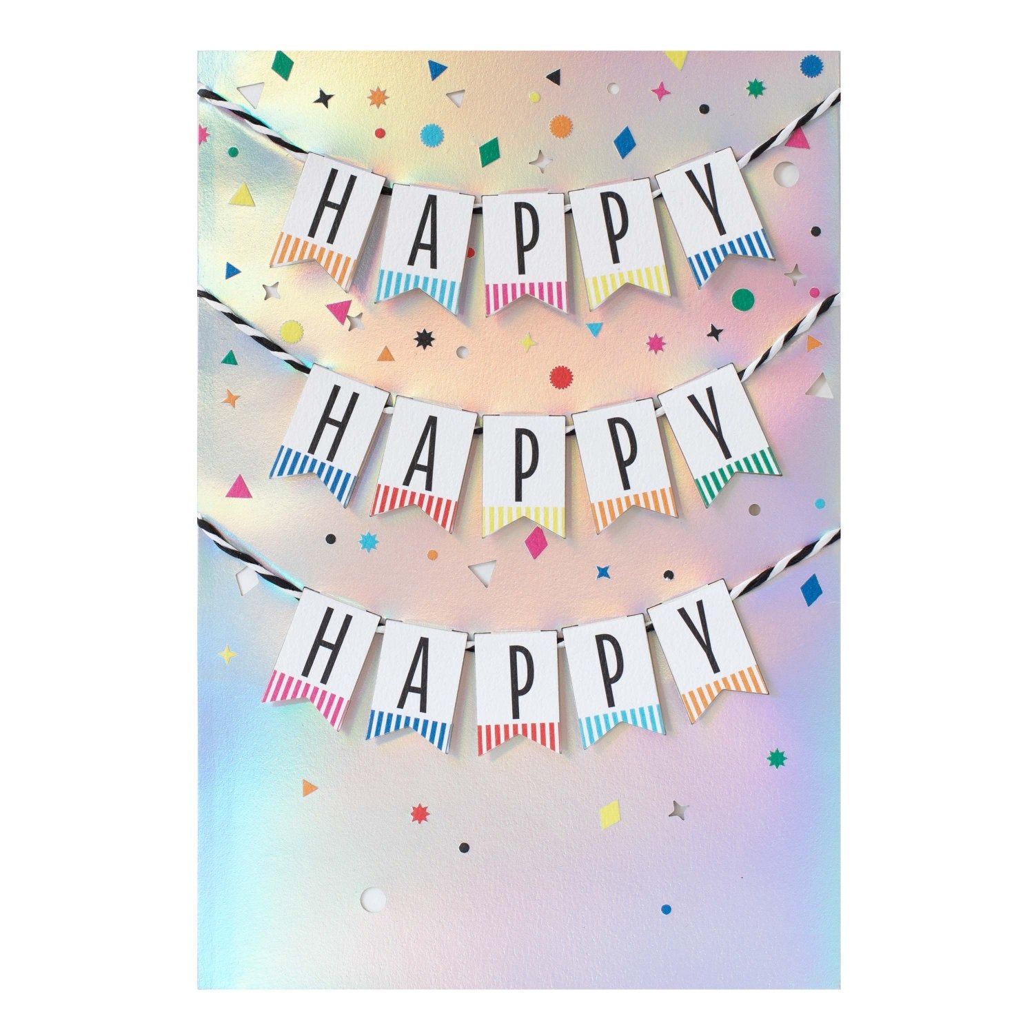 Hallmark Signature Birthday Card - Happy Happy Happy featuring a holographic background, with colourful bunting and confetti decorations.