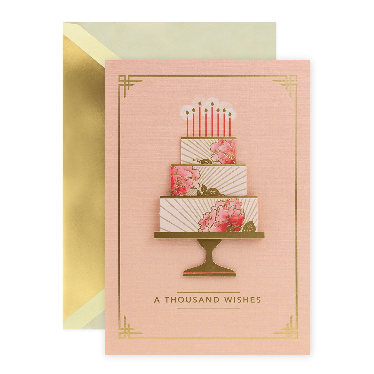 Hallmark Signature Birthday Card - Thousand Wishes with a floral three-tiered birthday cake and gold foil details, flat lay view