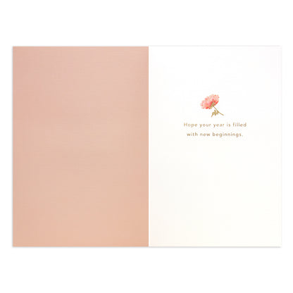 Hallmark Signature Birthday Card - Thousand Wishes, inside view with pink floral illustration and gold foil text wishing new beginnings.