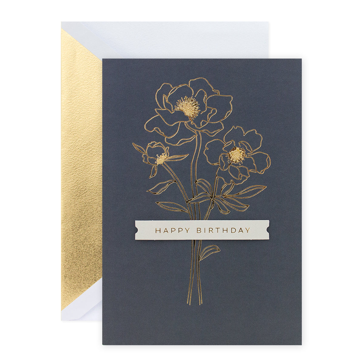 Hallmark Signature Birthday Card - More Wonderful featuring gold foil flowers and a grey background with a 3D plaque saying 'HAPPY BIRTHDAY'.