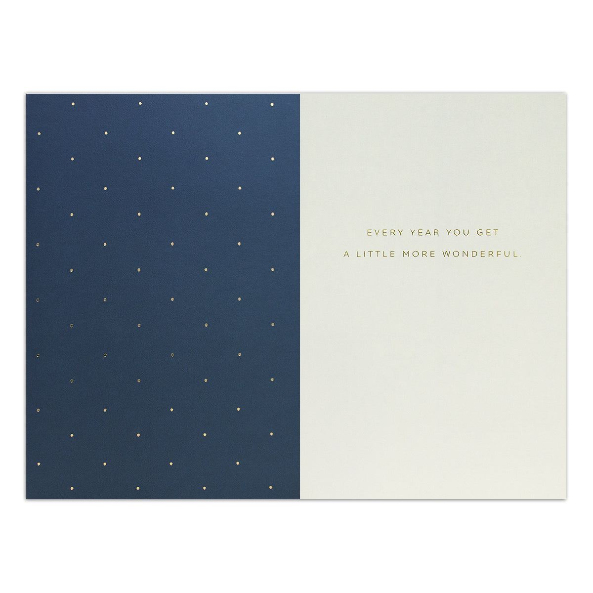 Hallmark Signature Birthday Card - More Wonderful, interior design, navy blue background with gold polka dots and foiled text detail