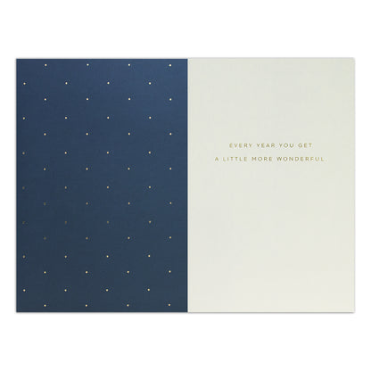 Hallmark Signature Birthday Card - More Wonderful, interior design, navy blue background with gold polka dots and foiled text detail