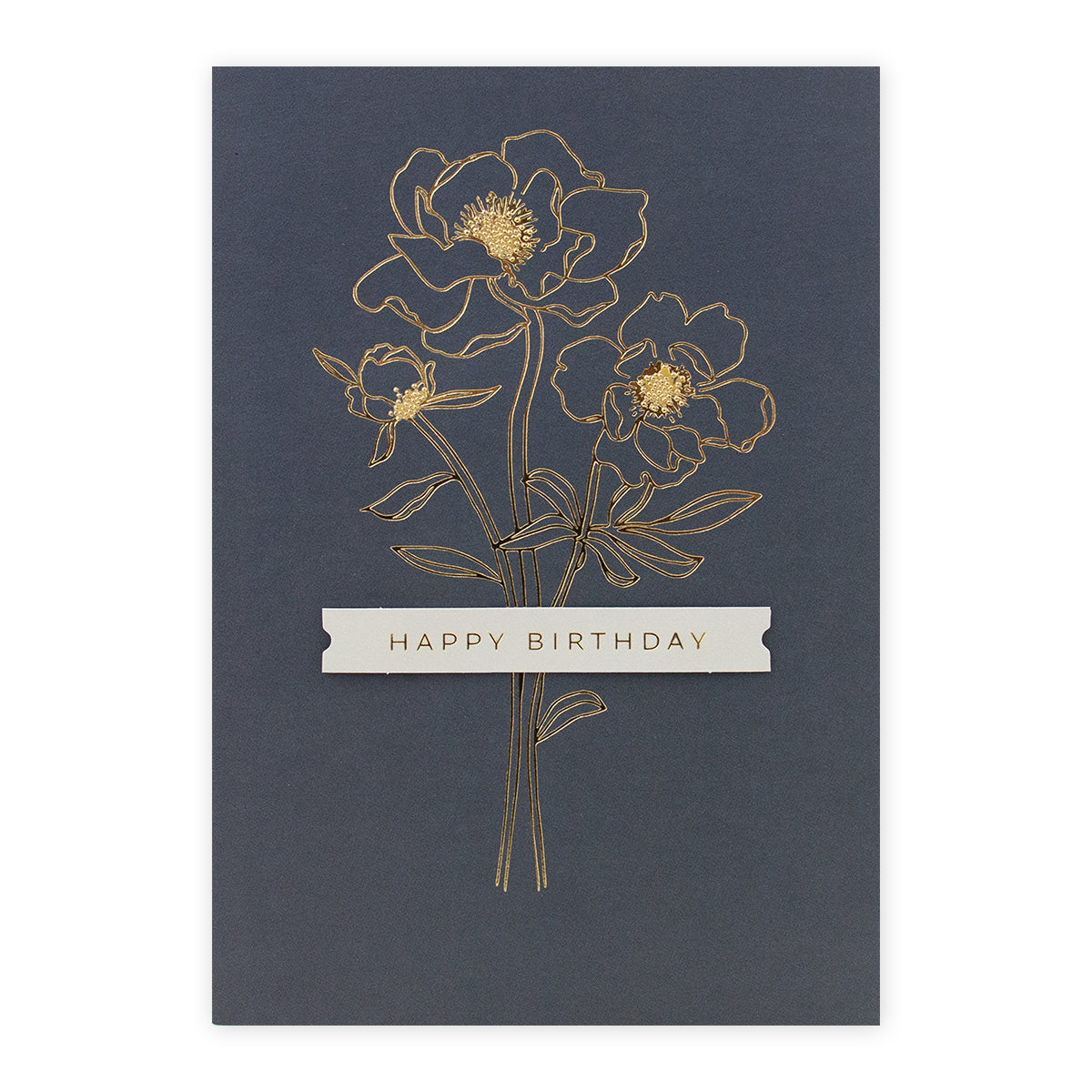 Hallmark Signature Birthday Card - More Wonderful in navy with gold foil flowers and banner saying 'HAPPY BIRTHDAY'.