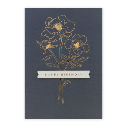 Hallmark Signature Birthday Card - More Wonderful in navy with gold foil flowers and banner saying 'HAPPY BIRTHDAY'.