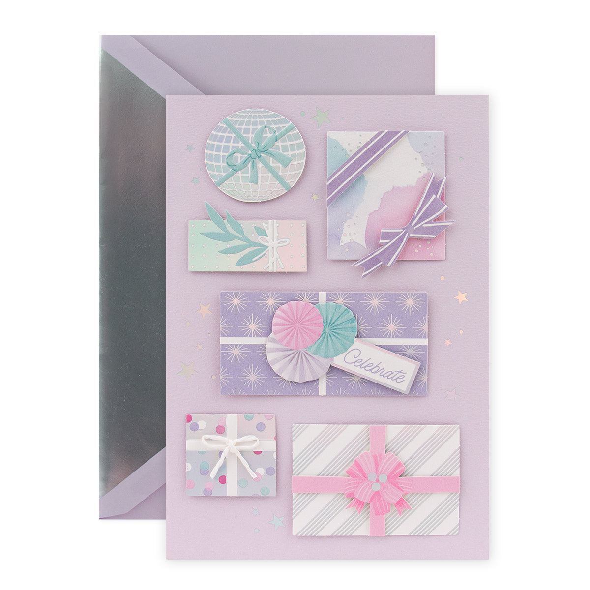 Hallmark Signature Birthday Card - The Gift You Are featuring pastel wrapped gifts, holographic accents, and a 'Celebrate' message on a lavender background.