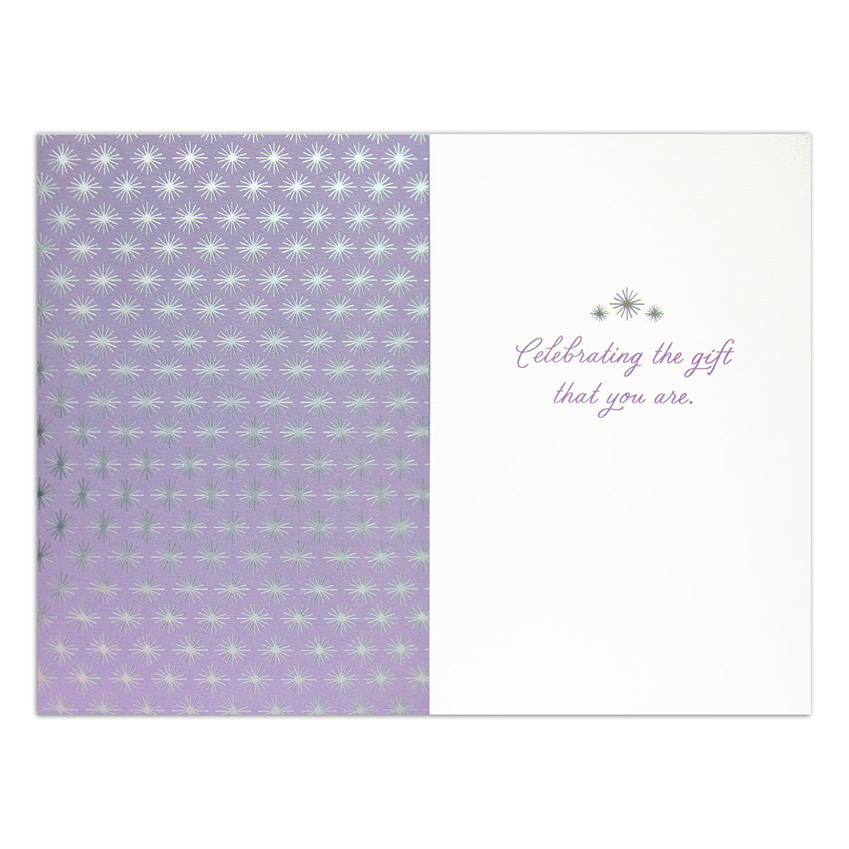 Hallmark Signature Birthday Card - The Gift You Are, open view, featuring silver foil highlights and purple star patterns.