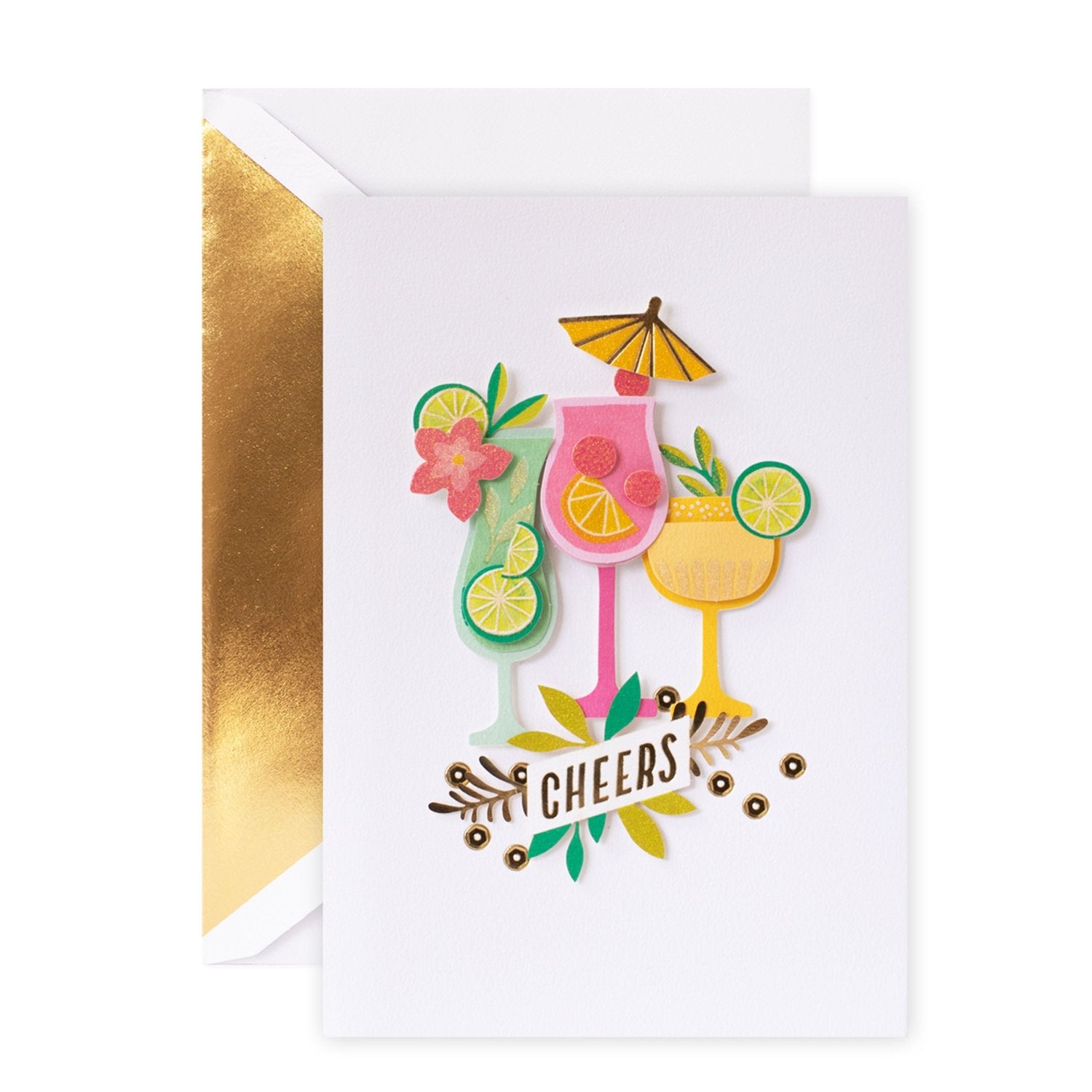 Hallmark Signature Celebration Card - Cheers! featuring tropical drink illustrations and gold foil accents, flat lay view.