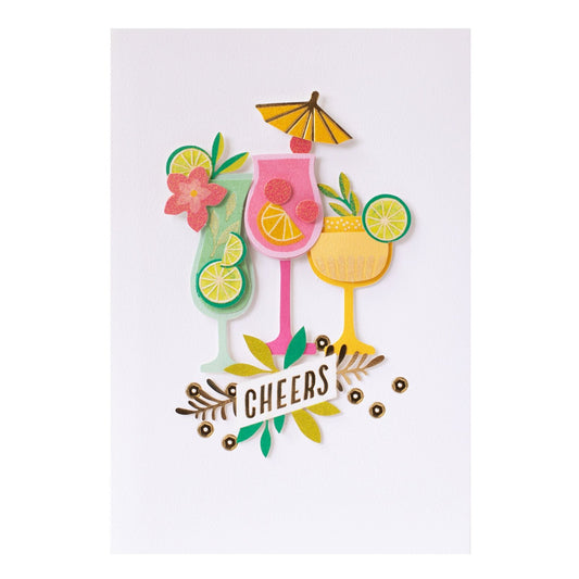 Hallmark Signature Celebration Card - Cheers! features vibrant 3D tropical drinks with fruit, floral details, and a gold foil message.