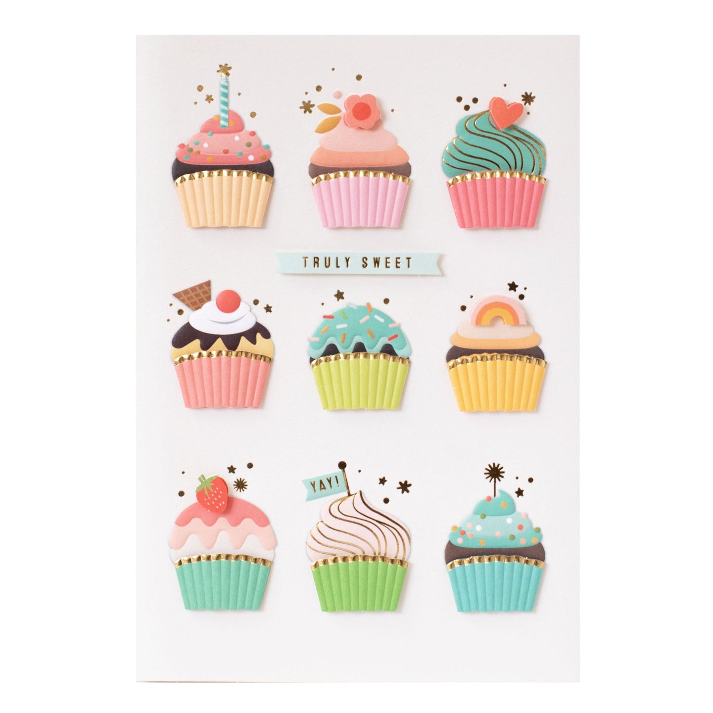 Hallmark Signature Birthday Card - Truly Sweet featuring embossed colourful cupcakes and gold foil elements in a flat lay design.