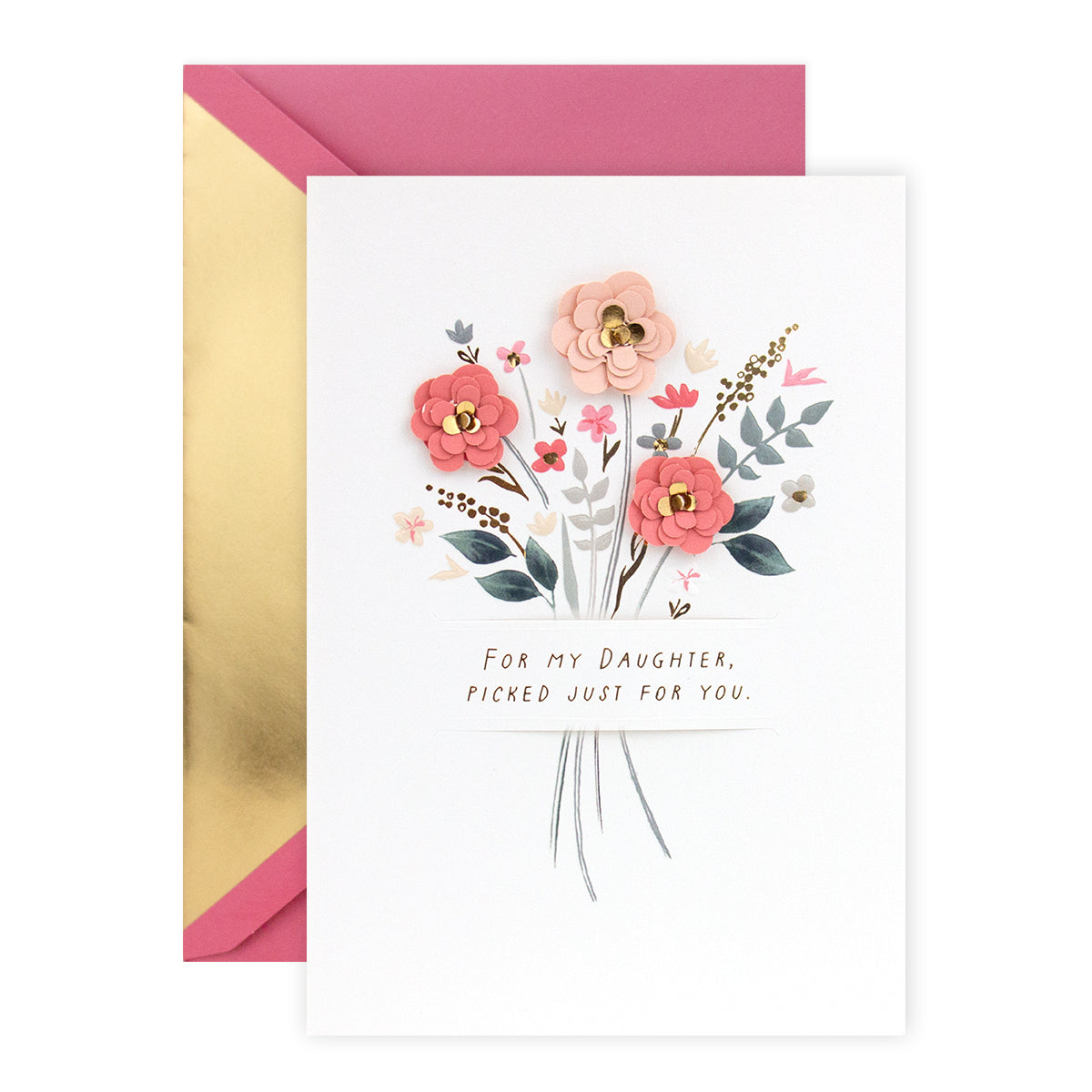 Hallmark Signature Birthday Card For Daughter - Picked For You with handcrafted flower detailing and gold foil highlights, flat lay angle.
