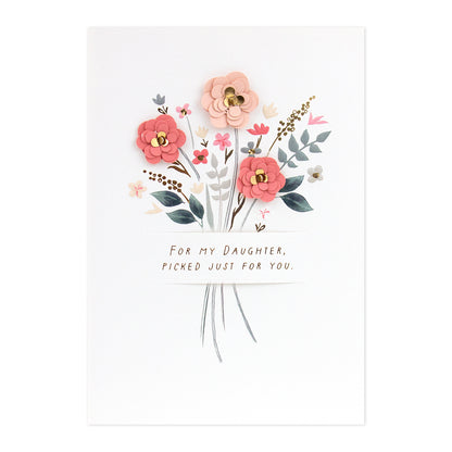 Hallmark Signature Birthday Card For Daughter - Picked For You with pink flowers and handcrafted paper detailing, flat lay view.