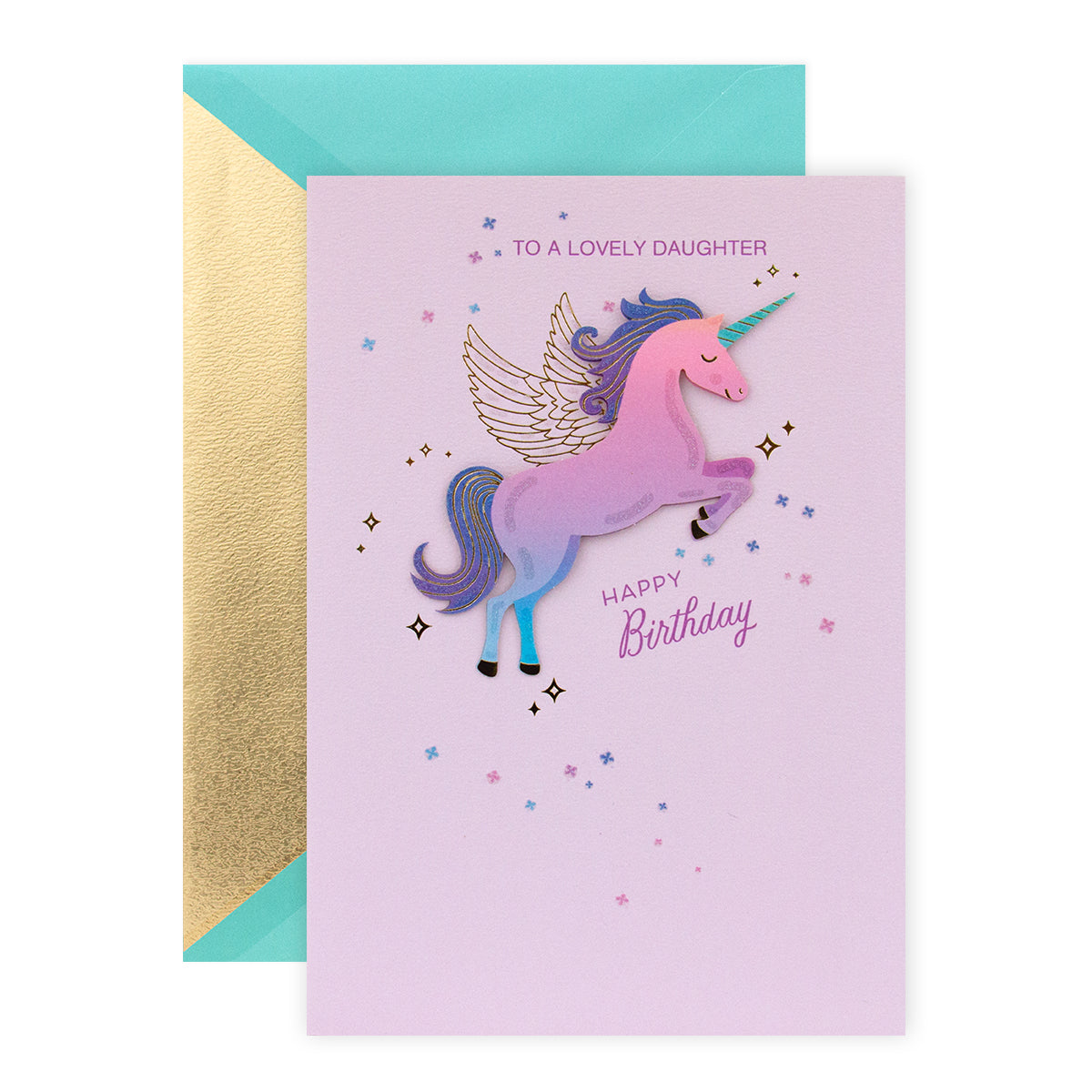 Hallmark Signature Birthday Card For Daughter - Magical Unicorn, featuring a 3D unicorn design with gold foil highlights and a pastel envelope.