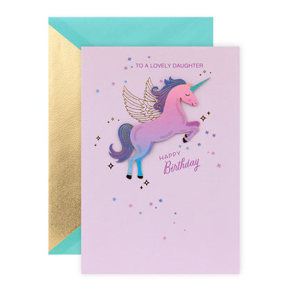 Hallmark Signature Birthday Card For Daughter - Magical Unicorn, featuring a 3D unicorn design with gold foil highlights and a pastel envelope.