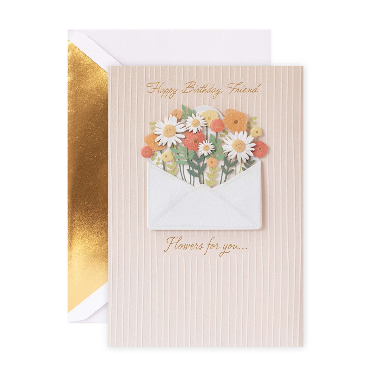 Hallmark Signature Birthday Card For Friend - Flowers For You with floral envelope design and gold foil accents, flat lay view.