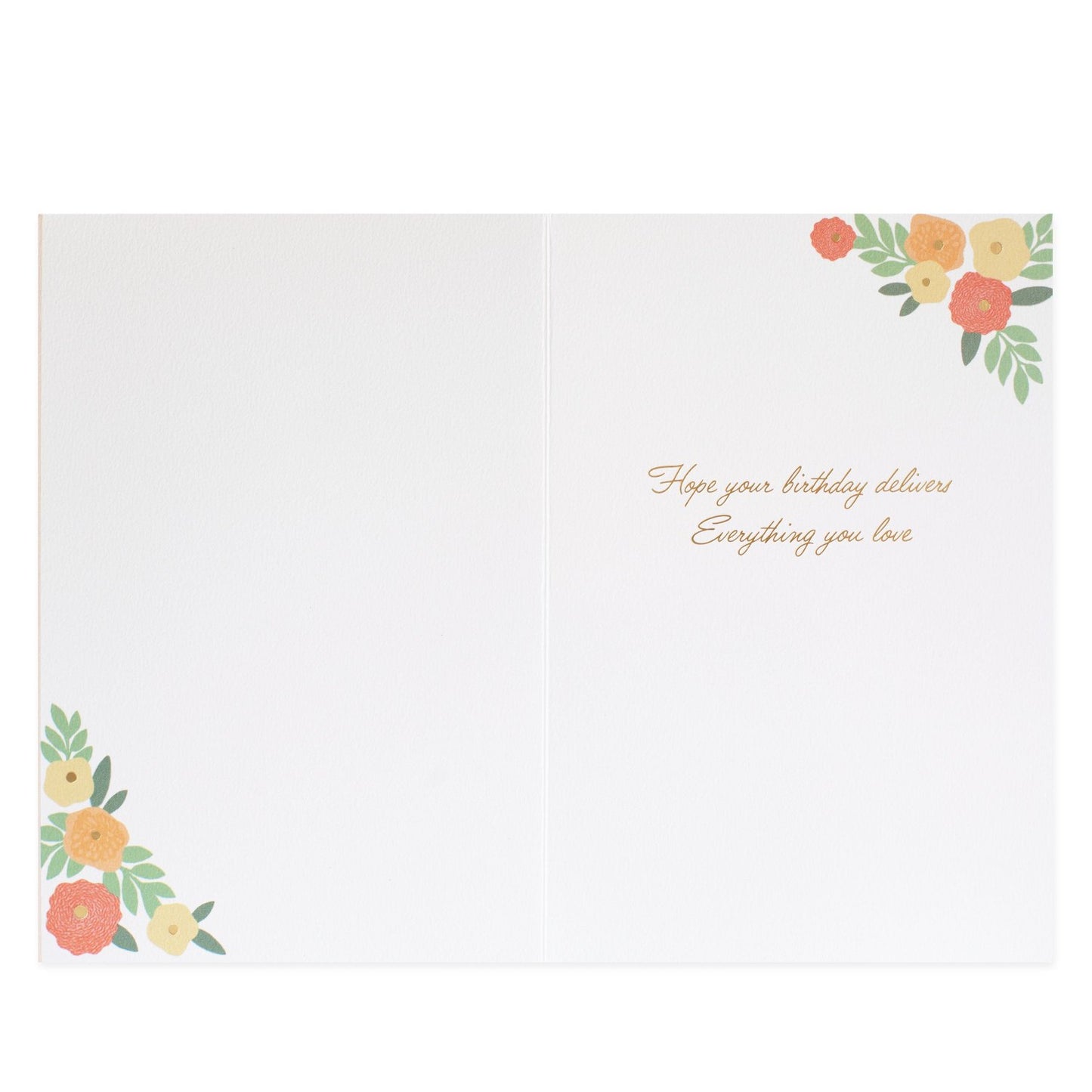 Hallmark Signature Birthday Card For Friend - Flowers For You, open flat view, floral design with gold foil message inside.