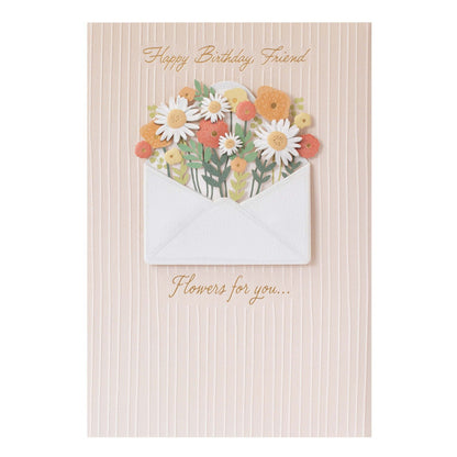 Hallmark Signature Birthday Card For Friend - Flowers For You featuring detailed flower embellishments in a white envelope on a striped background.