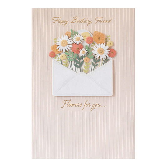 Hallmark Signature Birthday Card For Friend - Flowers For You featuring detailed flower embellishments in a white envelope on a striped background.