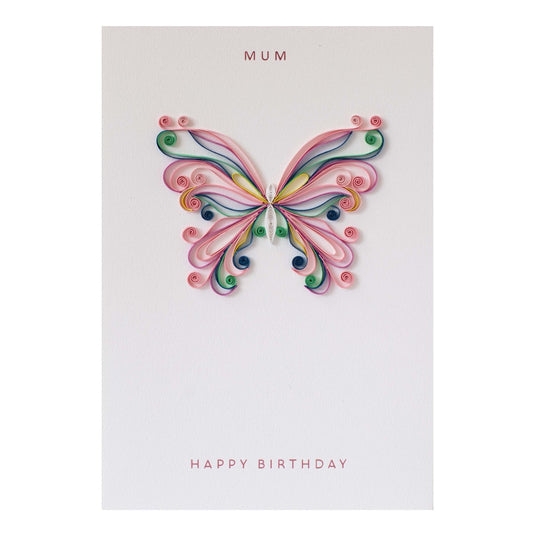 Hallmark Signature Birthday Card For Mum - Wonderful You featuring colorful paper quilling butterfly design and pink foil lettering.