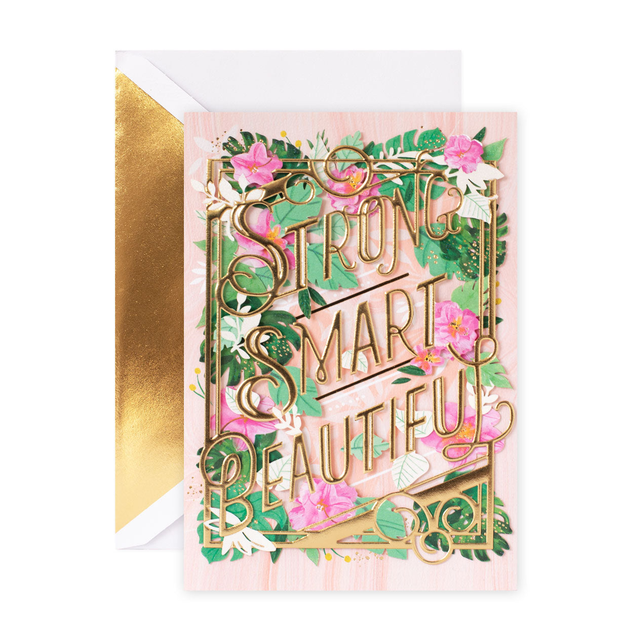 Hallmark Signature Birthday Card For Mum - Strong Smart Beautiful with gold foil and floral illustrations, angled view showing laser cut design.