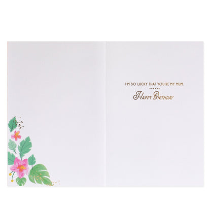 Hallmark Signature Birthday Card For Mum - Strong Smart Beautiful, inside view, featuring floral illustrations and gold foil text.