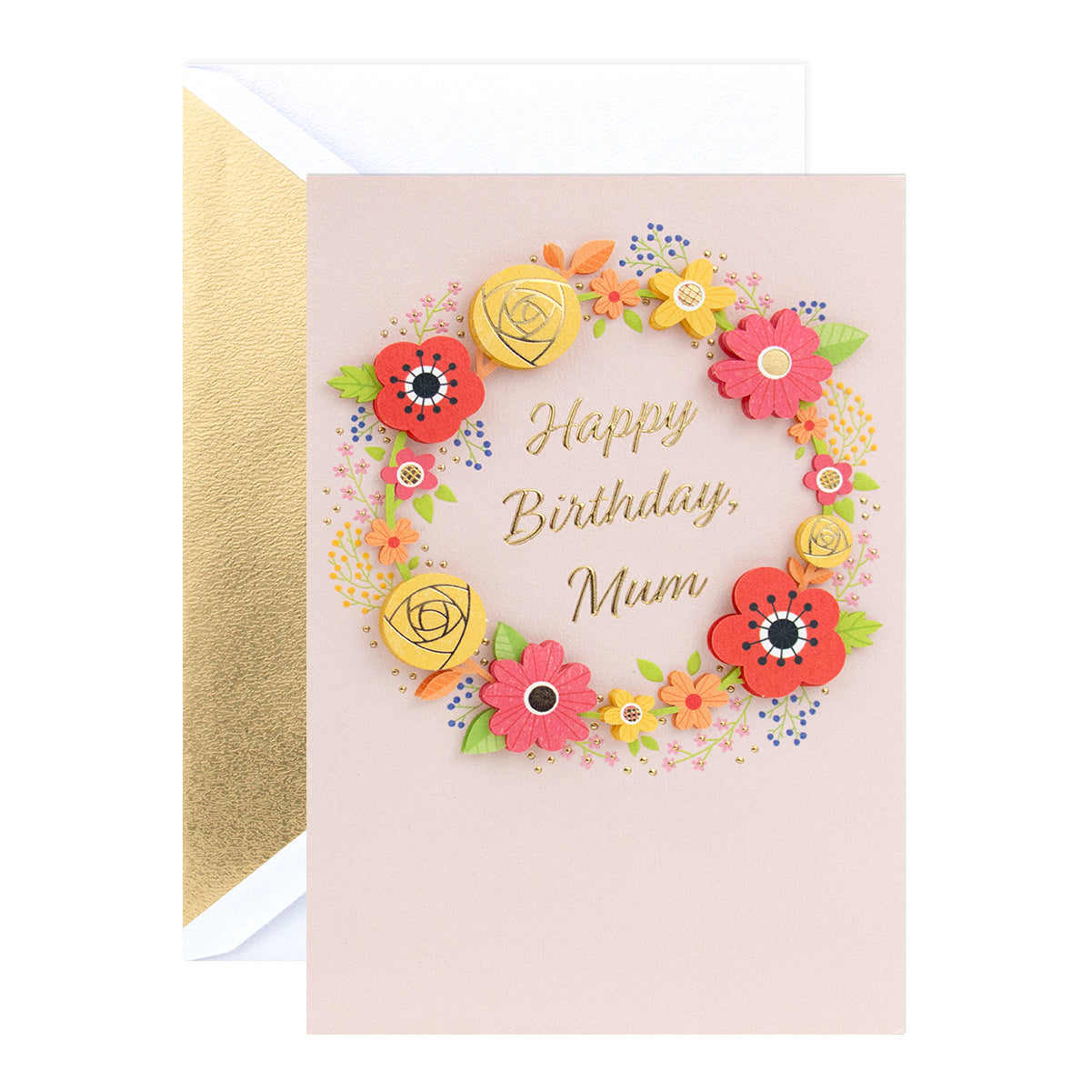 Hallmark Signature Birthday Card For Mum - So Grateful featuring a floral wreath design, 3D elements, and gold foil highlights in an elegant flat lay.