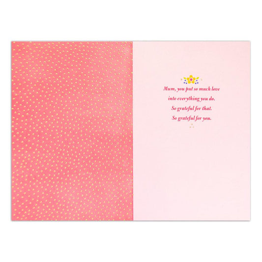 Hallmark Signature Birthday Card For Mum - So Grateful, inside view featuring pink dot pattern and heartfelt message.