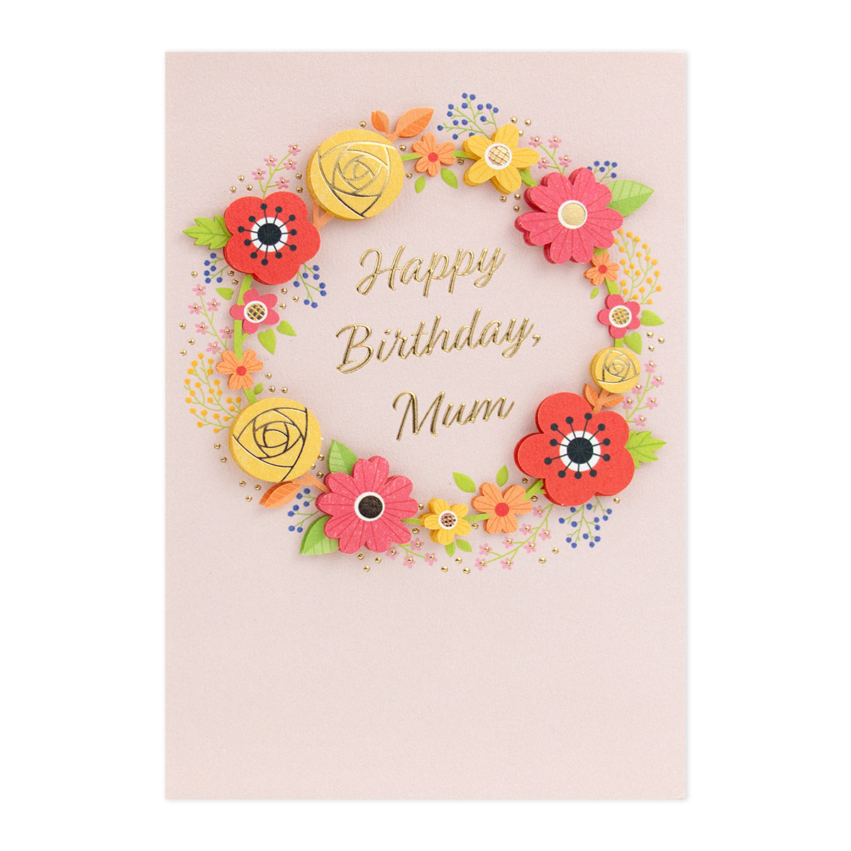Hallmark Signature Birthday Card For Mum - So Grateful featuring a floral wreath design with 3D plaque attachments and gold foil detail.