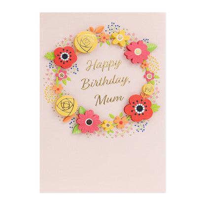 Hallmark Signature Birthday Card For Mum - So Grateful featuring a floral wreath design with 3D plaque attachments and gold foil detail.