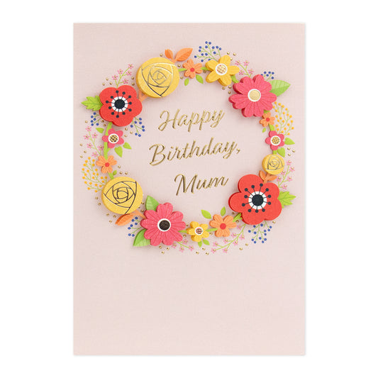 Hallmark Signature Birthday Card For Mum - So Grateful featuring a floral wreath design with 3D plaque attachments and gold foil detail.