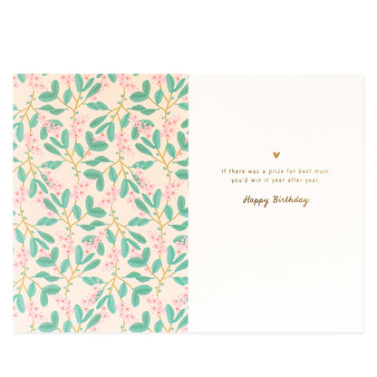 Hallmark Signature Birthday Card with Removeable Keepsake - Prize For Best (For Mum) featuring floral design and gold foiling inside.