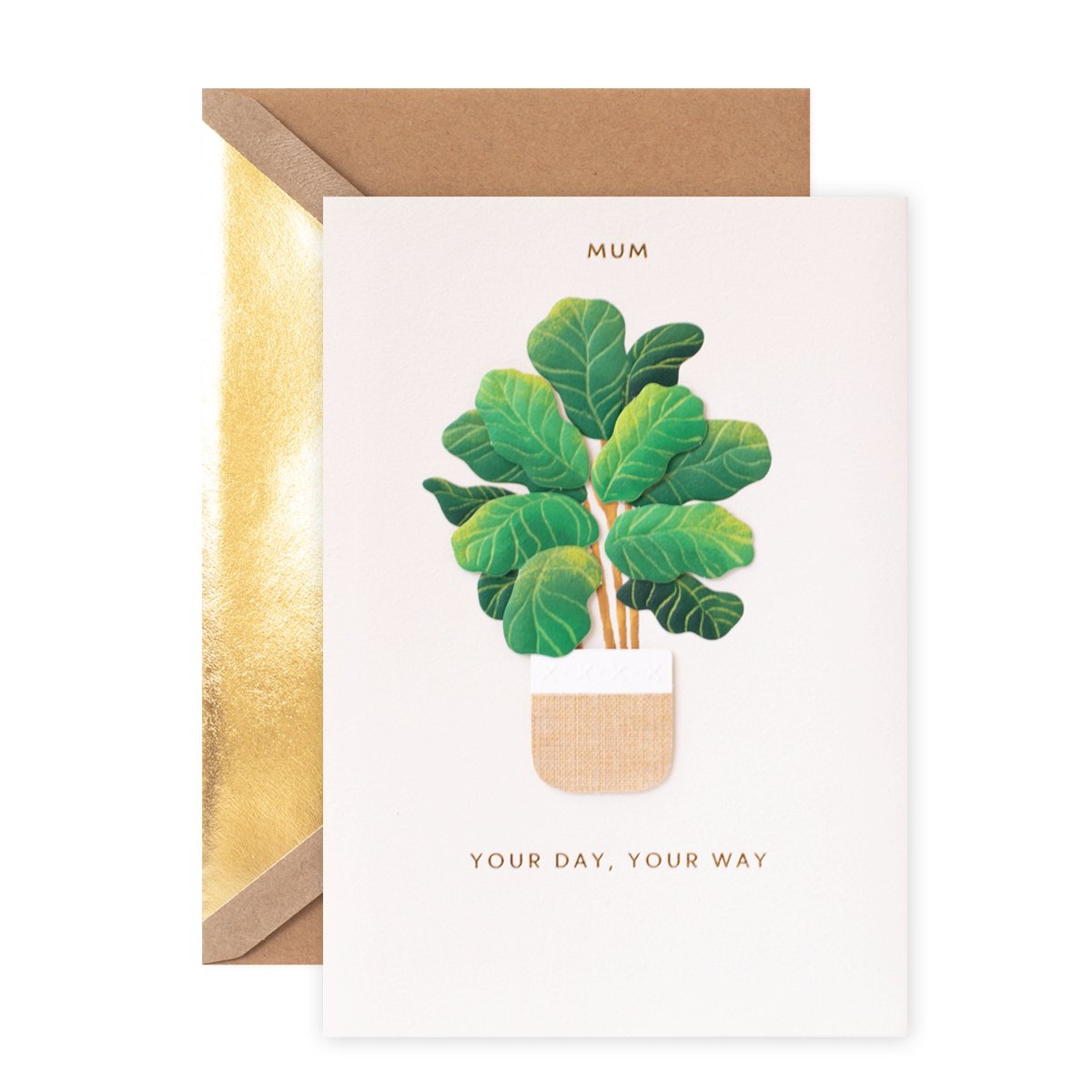 Hallmark Signature Birthday Card For Mum - Your Day, Your Way with fiddle leaf fig design and gold foil highlights, flat lay view