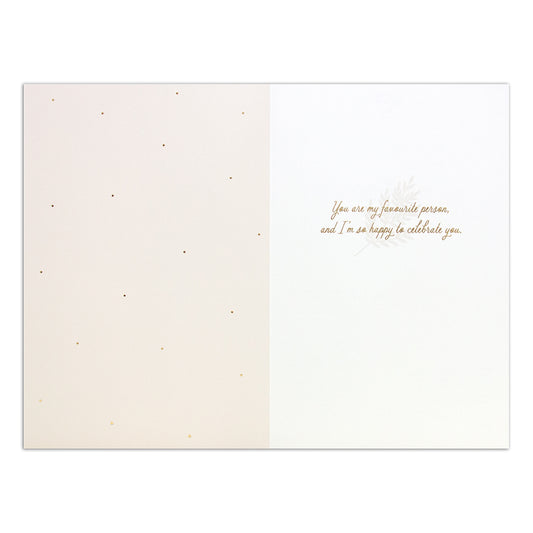 Hallmark Signature Birthday Card For Wife - Favourite Person, inside view, featuring elegant gold foil text and soft polka dot pattern.