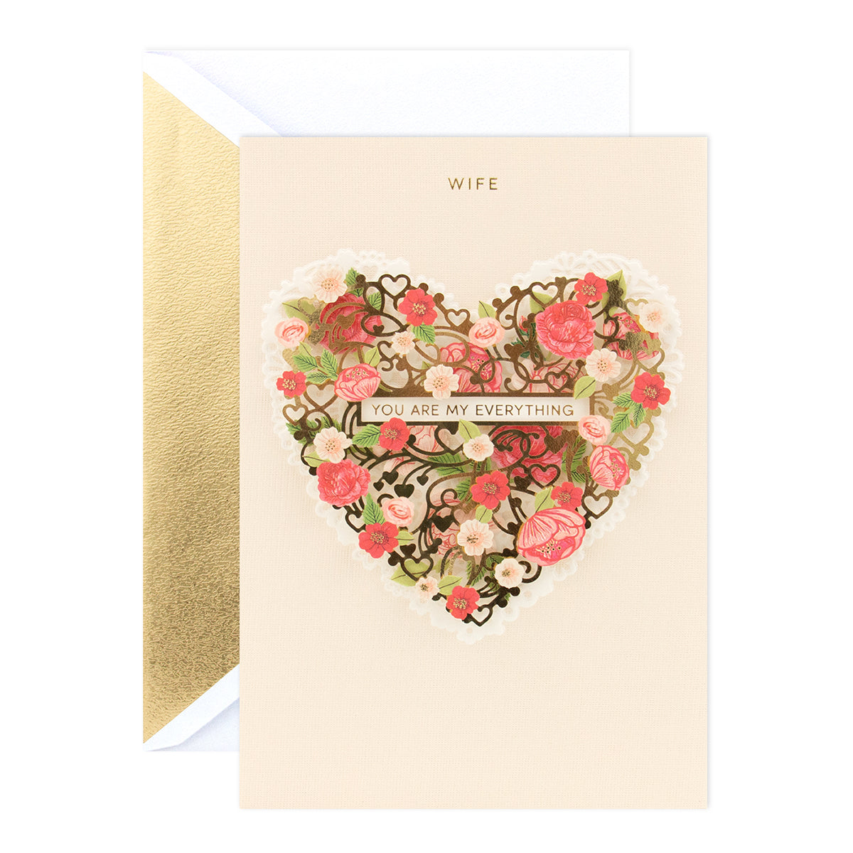 Hallmark Signature Birthday Card - You Are My Everything (For Wife) featuring floral heart design and gold foil highlights.