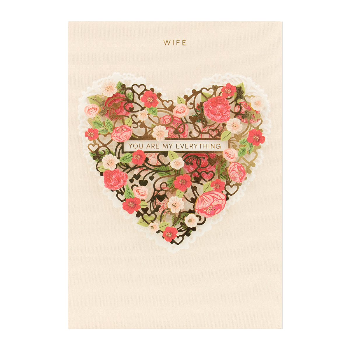 Hallmark Signature Birthday Card - You Are My Everything (For Wife) featuring intricate laser cut floral heart design with gold foil accents.