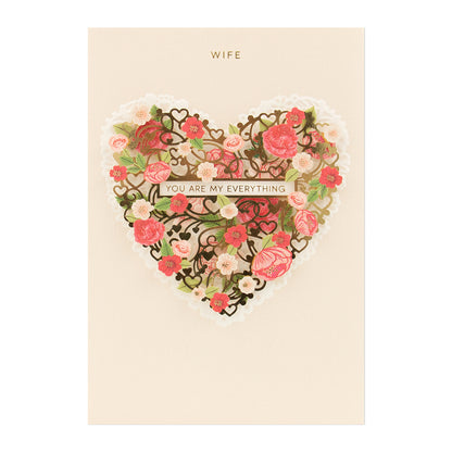 Hallmark Signature Birthday Card - You Are My Everything (For Wife) featuring intricate laser cut floral heart design with gold foil accents.